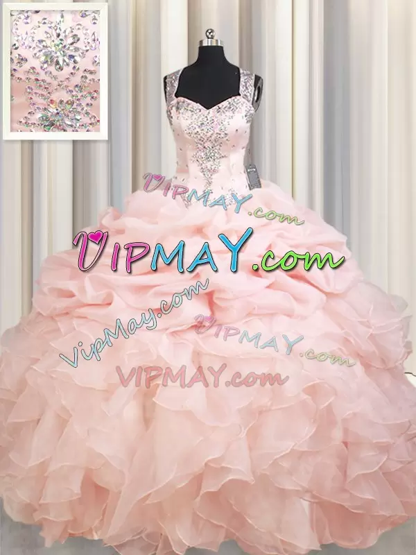 Dazzling Pink Zipper Quinceanera Gowns Beading and Ruffles and Pick Ups Sleeveless Brush Train