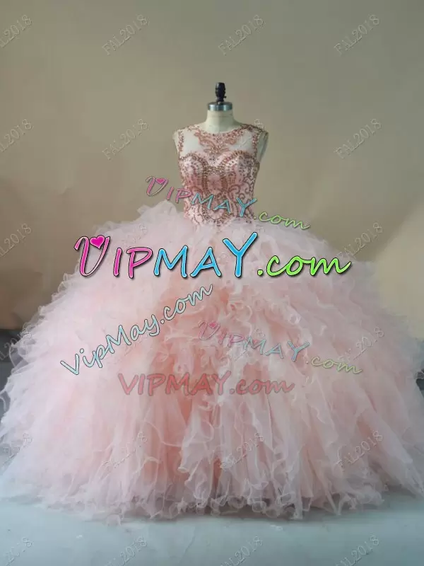 Pink Tulle Lace Up Sweet 16 Dress Sleeveless Brush Train Beading and Ruffles