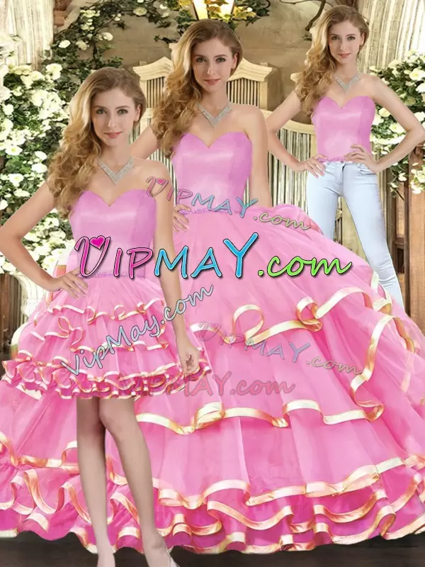 Three Pieces Sweet 16 Quinceanera Dress Rose Pink Sweetheart Organza Sleeveless Floor Length Lace Up