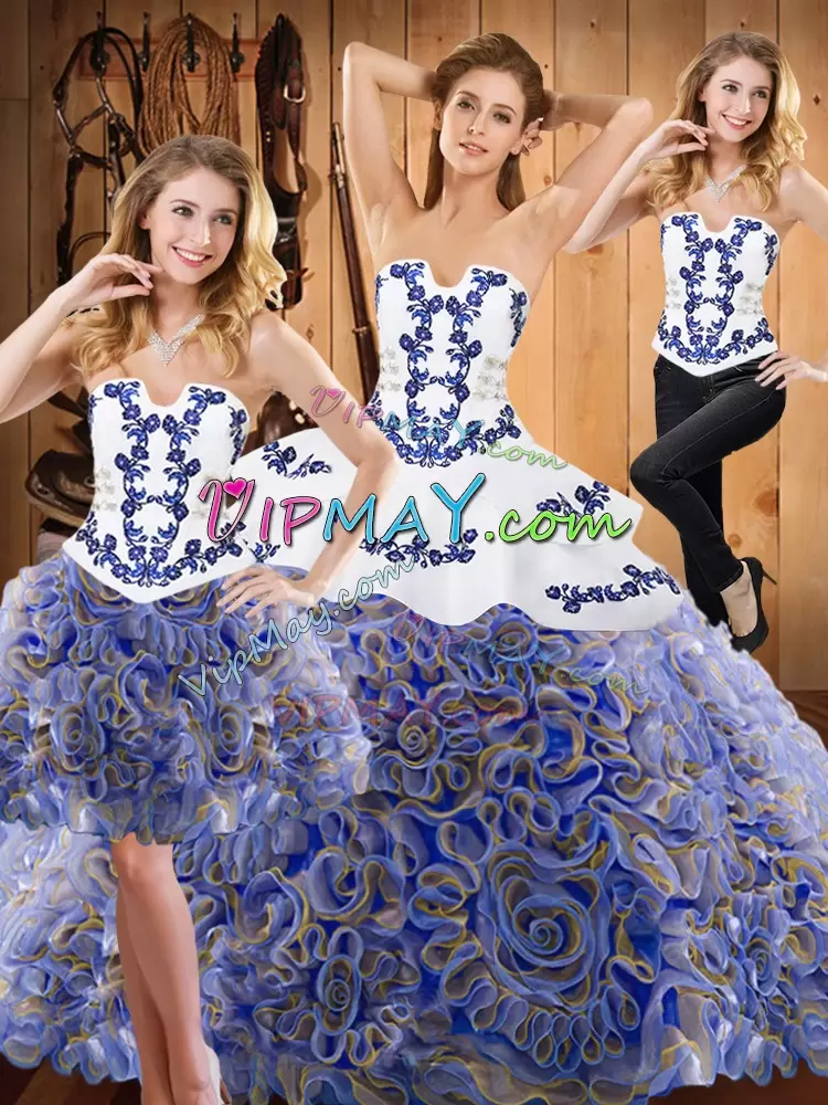 Sweet Multi-color Three Pieces Strapless Sleeveless Satin and Fabric With Rolling Flowers With Train Sweep Train Lace Up Embroidery and Ruffles Quinceanera Gown