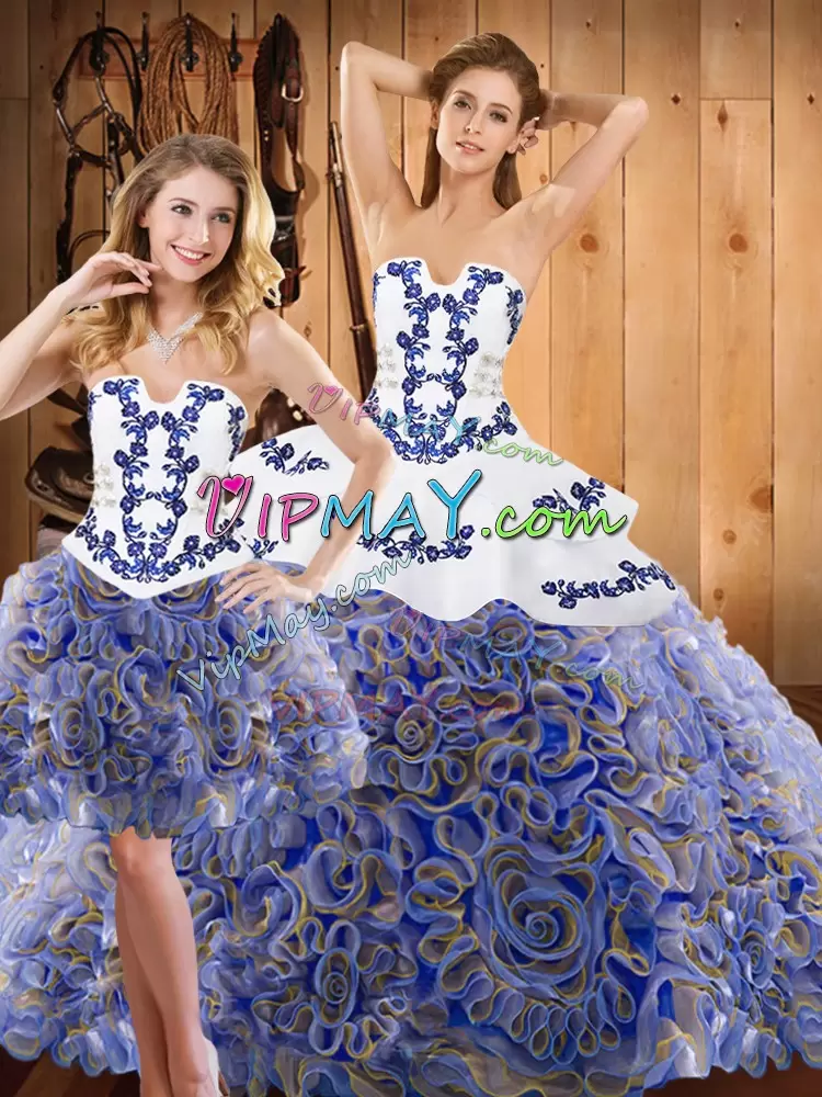 Sweet Multi-color Three Pieces Strapless Sleeveless Satin and Fabric With Rolling Flowers With Train Sweep Train Lace Up Embroidery and Ruffles Quinceanera Gown