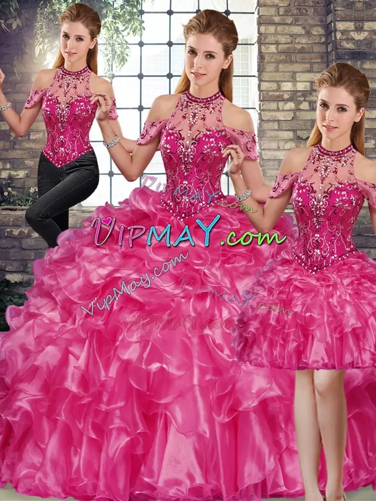 Sleeveless Halter Top Lace Up Floor Length Beading and Ruffles Quinceanera Dresses Halter Top