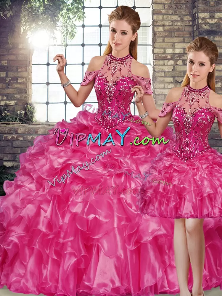 Sleeveless Halter Top Lace Up Floor Length Beading and Ruffles Quinceanera Dresses Halter Top