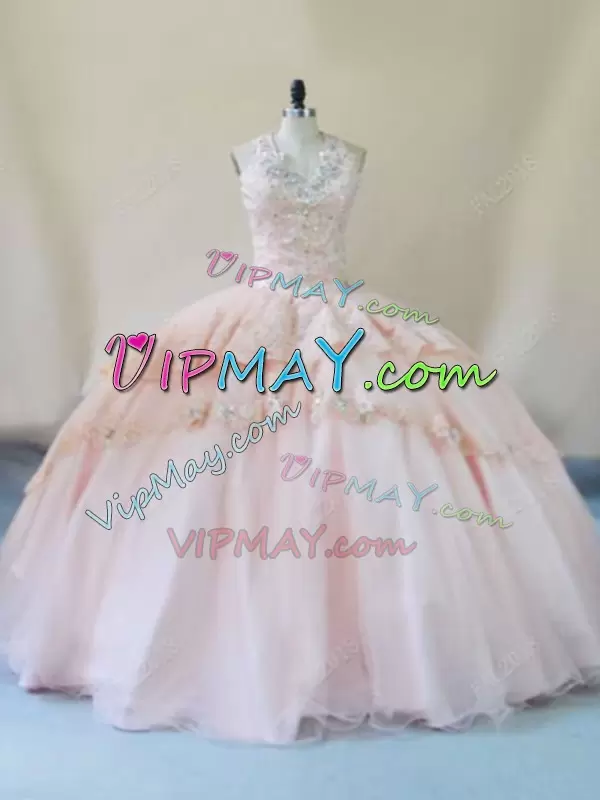 Peach Sleeveless Beading and Lace and Appliques 15th Birthday Dress