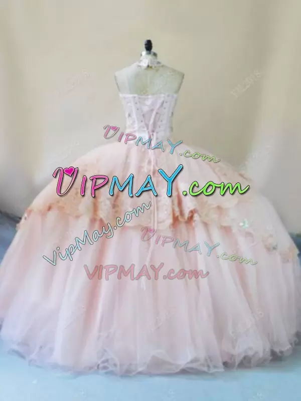 Peach Sleeveless Beading and Lace and Appliques 15th Birthday Dress