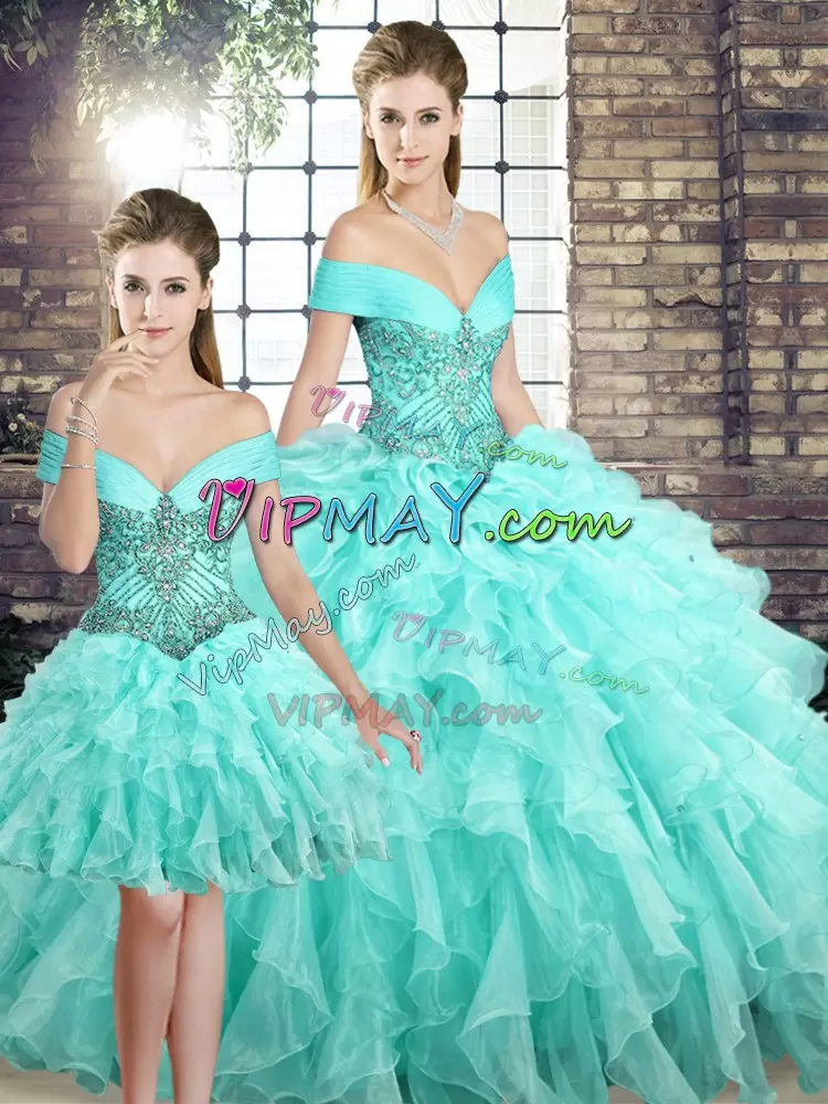 Fashionable Sleeveless Organza Brush Train Lace Up Quince Ball Gowns in Aqua Blue with Beading and Ruffles