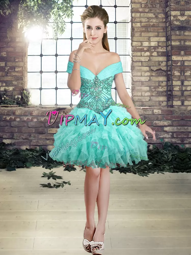 Fashionable Sleeveless Organza Brush Train Lace Up Quince Ball Gowns in Aqua Blue with Beading and Ruffles