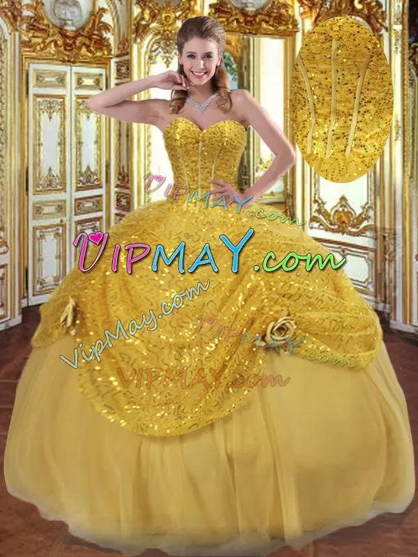 Shining Tulle Sweetheart Sleeveless Lace Up Pick Ups and Hand Made Flower Ball Gown Prom Dress in Gold