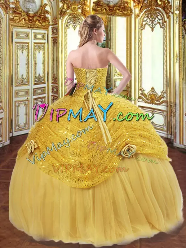 Shining Tulle Sweetheart Sleeveless Lace Up Pick Ups and Hand Made Flower Ball Gown Prom Dress in Gold