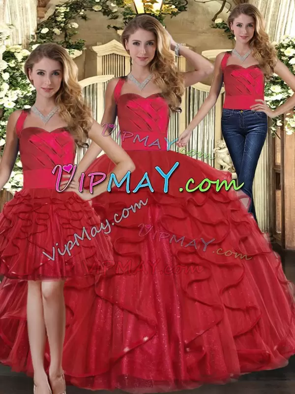 Stunning Floor Length Three Pieces Sleeveless Red 15 Quinceanera Dress Lace Up