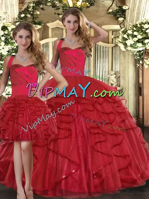 Stunning Floor Length Three Pieces Sleeveless Red 15 Quinceanera Dress Lace Up