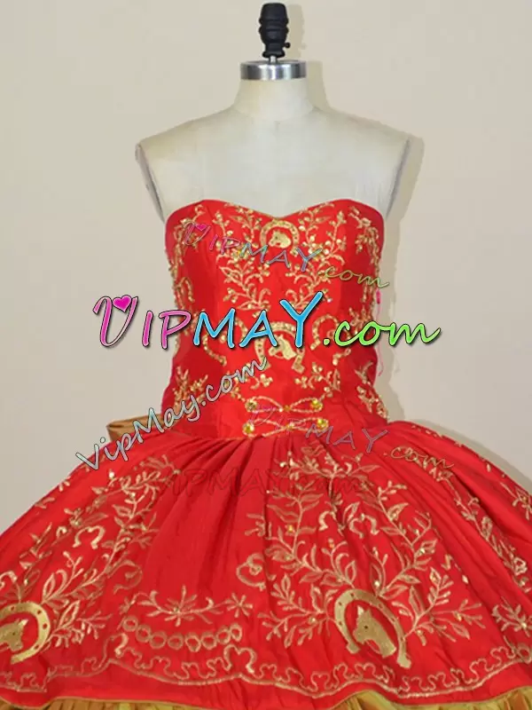 Sweet Sleeveless Floor Length Embroidery and Bowknot Lace Up Sweet 16 Quinceanera Dress with Red