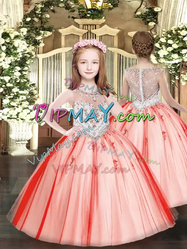 Charming Ball Gowns 15th Birthday Dress Red Scoop Tulle Sleeveless Floor Length Lace Up