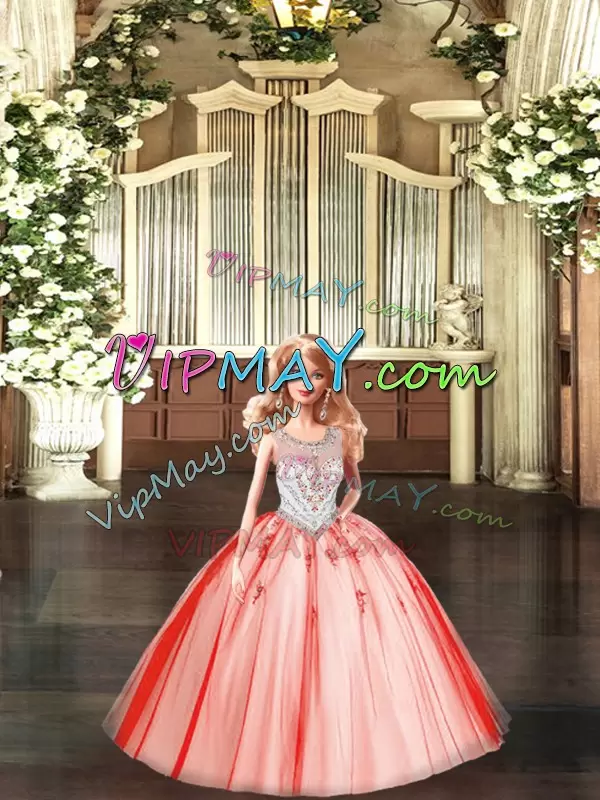 Charming Ball Gowns 15th Birthday Dress Red Scoop Tulle Sleeveless Floor Length Lace Up