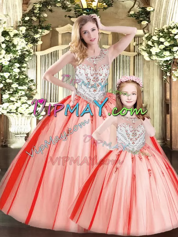 Charming Ball Gowns 15th Birthday Dress Red Scoop Tulle Sleeveless Floor Length Lace Up