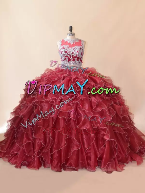 Fancy Red Scoop Zipper Beading and Lace and Appliques Quinceanera Gowns Brush Train Sleeveless