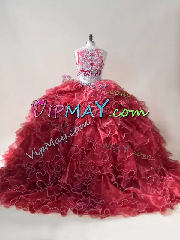 Fancy Red Scoop Zipper Beading and Lace and Appliques Quinceanera Gowns Brush Train Sleeveless