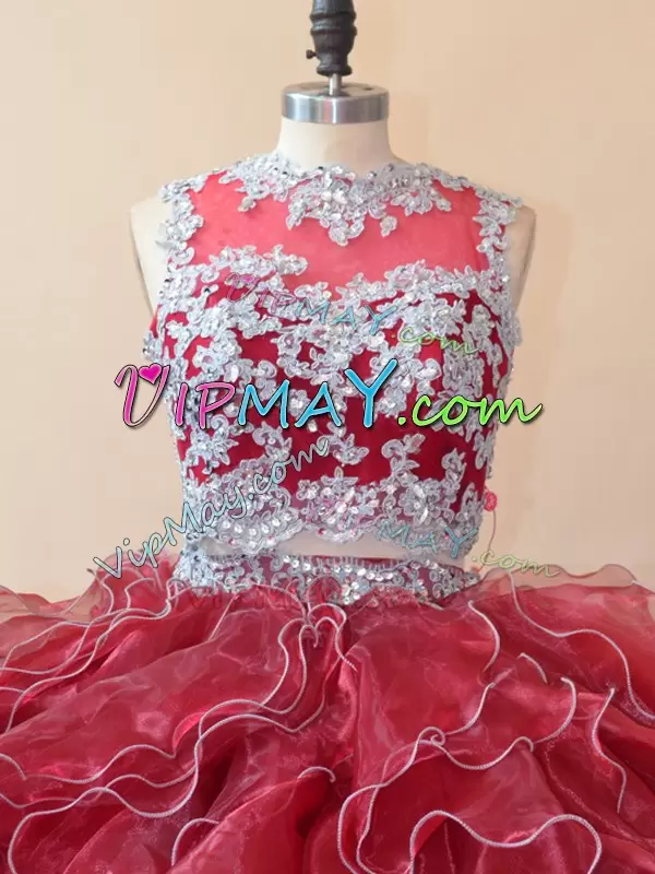 Fancy Red Scoop Zipper Beading and Lace and Appliques Quinceanera Gowns Brush Train Sleeveless