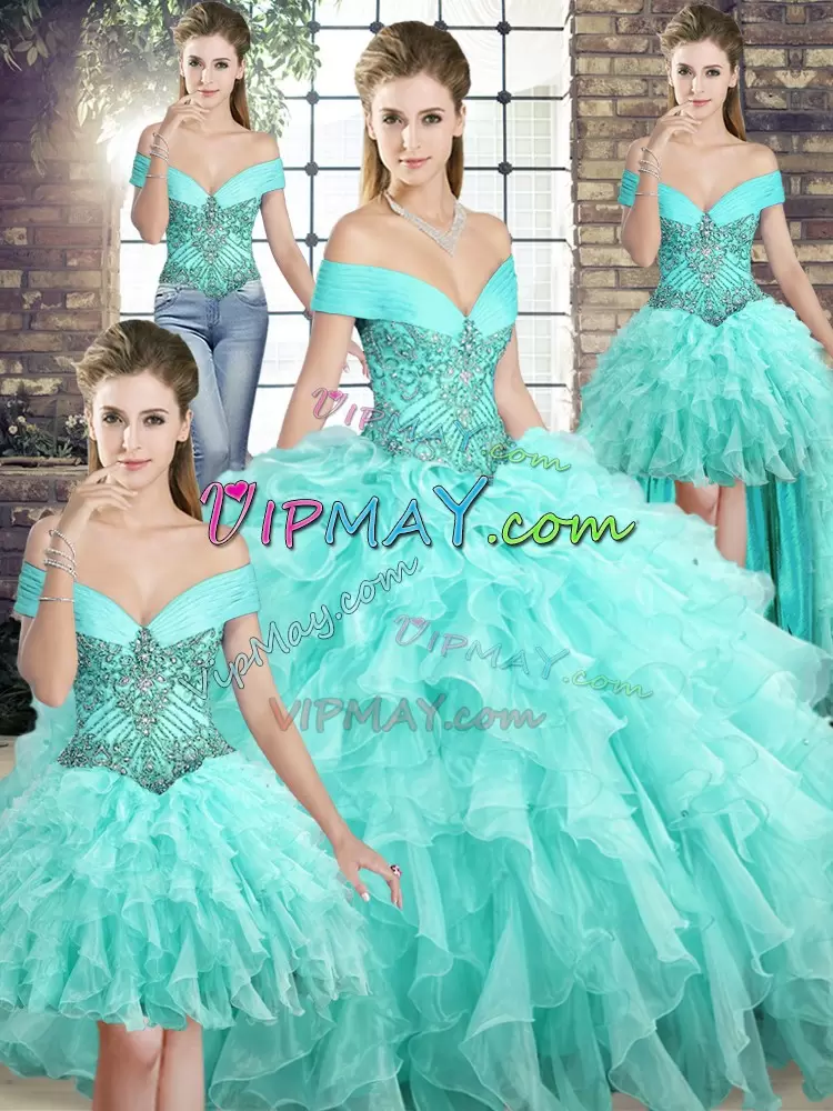 Fabulous Ball Gowns Sleeveless Aqua Blue Sweet 16 Dress Brush Train Lace Up