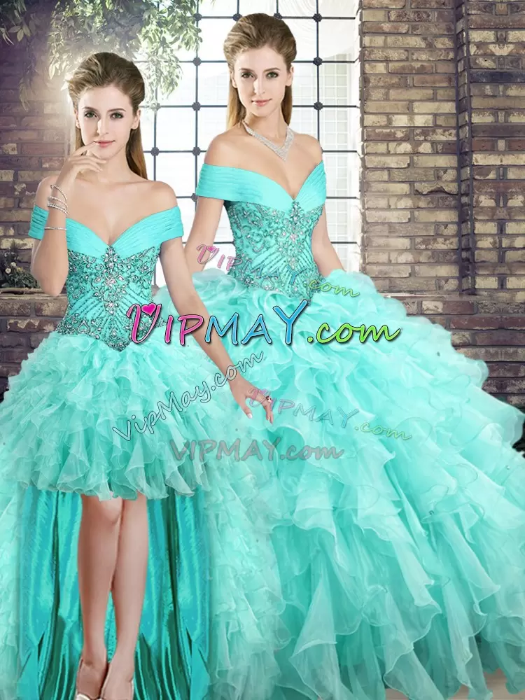 Fabulous Ball Gowns Sleeveless Aqua Blue Sweet 16 Dress Brush Train Lace Up