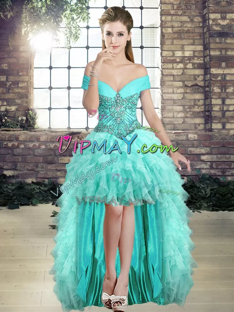 Fabulous Ball Gowns Sleeveless Aqua Blue Sweet 16 Dress Brush Train Lace Up