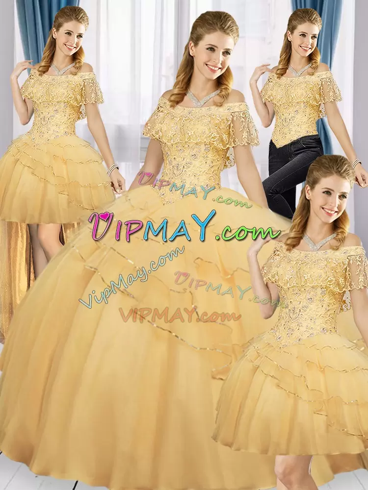 Gold Sleeveless Floor Length Beading and Ruffled Layers Lace Up Sweet 16 Dresses Off The Shoulder