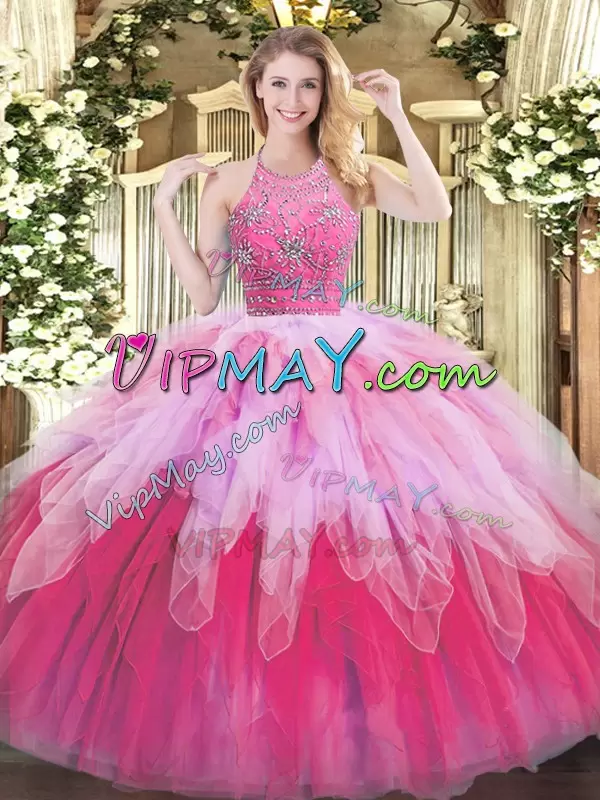 Amazing Multi-color Ball Gowns Beading and Ruffles Sweet 16 Dresses Zipper Tulle Sleeveless Floor Length