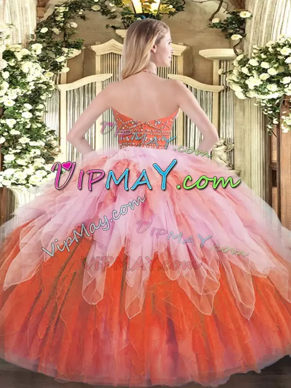 Amazing Multi-color Ball Gowns Beading and Ruffles Sweet 16 Dresses Zipper Tulle Sleeveless Floor Length