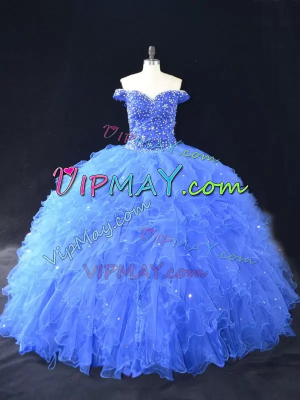 Blue Sleeveless Floor Length Beading and Ruffles Lace Up Quinceanera Gowns Off The Shoulder