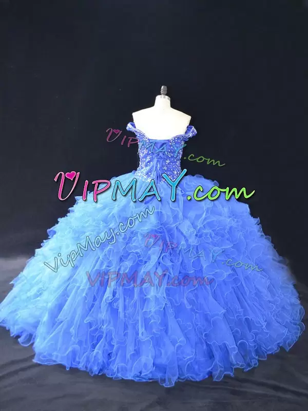 Blue Sleeveless Floor Length Beading and Ruffles Lace Up Quinceanera Gowns Off The Shoulder