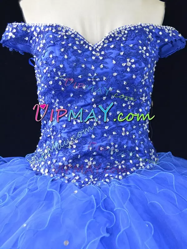 Blue Sleeveless Floor Length Beading and Ruffles Lace Up Quinceanera Gowns Off The Shoulder