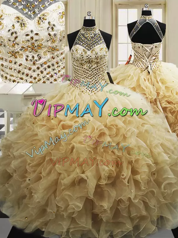 Champagne Ball Gowns High-neck Sleeveless Tulle With Train Sweep Train Lace Up Beading and Ruffles 15th Birthday Dress