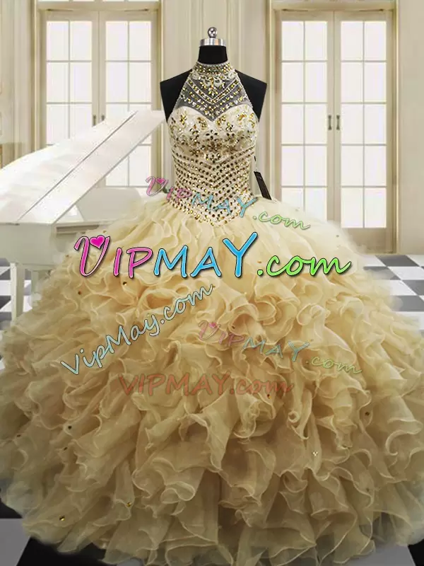 Champagne Ball Gowns High-neck Sleeveless Tulle With Train Sweep Train Lace Up Beading and Ruffles 15th Birthday Dress