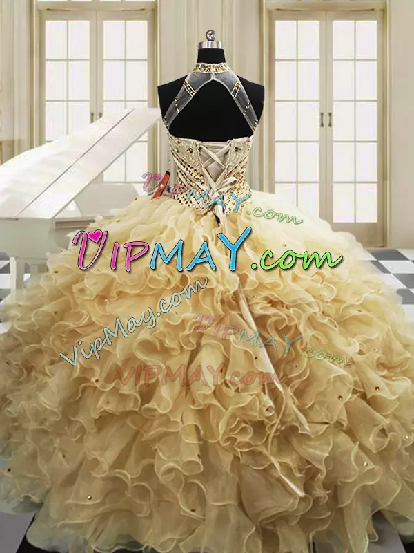 Champagne Ball Gowns High-neck Sleeveless Tulle With Train Sweep Train Lace Up Beading and Ruffles 15th Birthday Dress