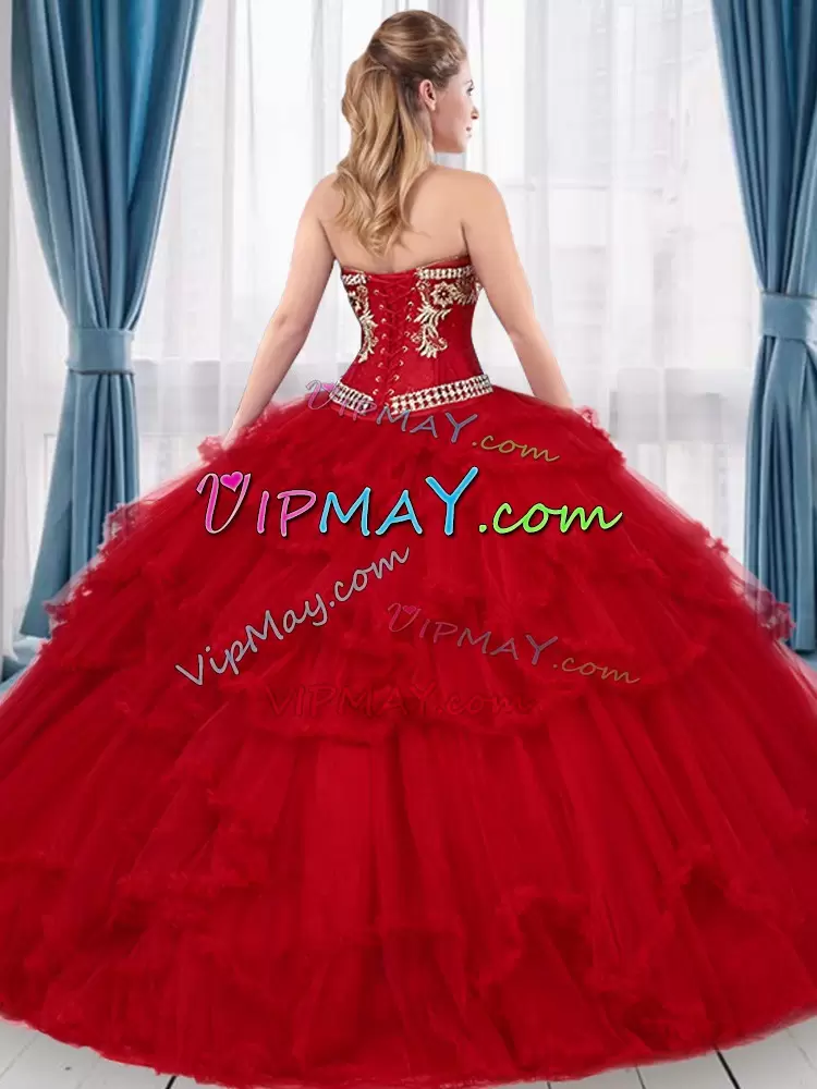 Flirting Red Sleeveless Floor Length Beading and Ruffles Lace Up Quinceanera Dress Sweetheart