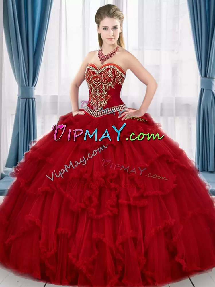 Flirting Red Sleeveless Floor Length Beading and Ruffles Lace Up Quinceanera Dress Sweetheart