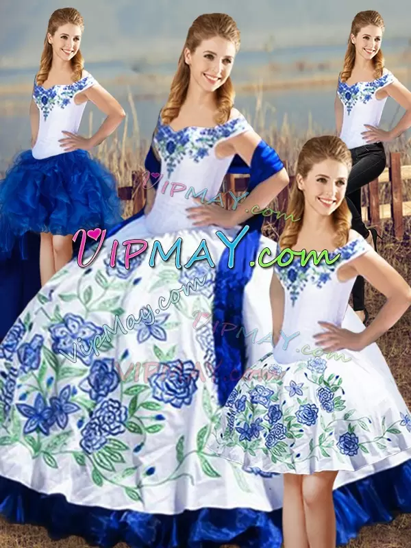 Custom Design Blue And White Lace Up Quinceanera Gown Embroidery and Ruffles Sleeveless Floor Length