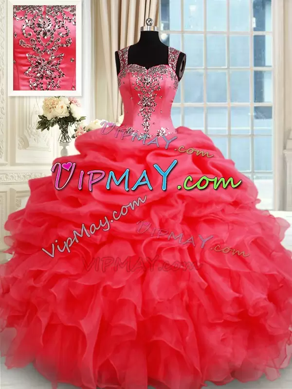 Eye-catching Coral Red Sleeveless Floor Length Beading and Ruffles and Pick Ups Zipper Quinceanera Dresses Straps