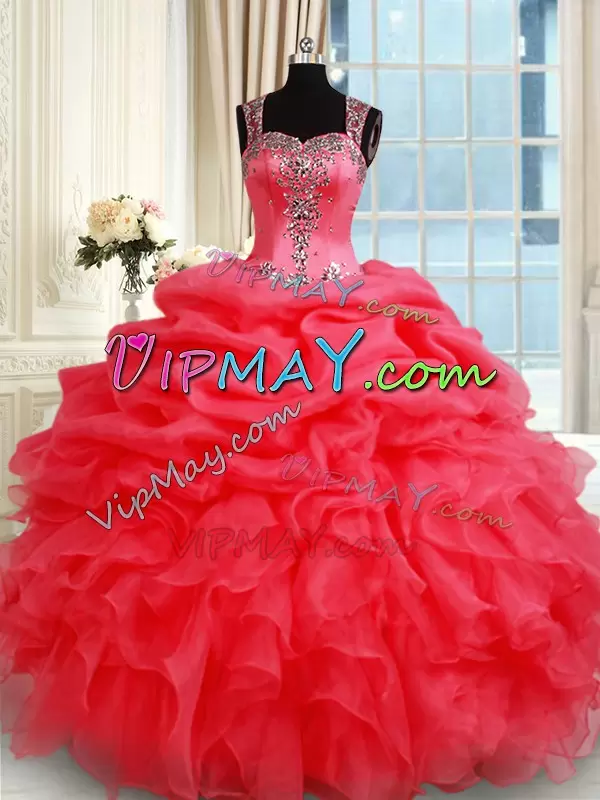 Eye-catching Coral Red Sleeveless Floor Length Beading and Ruffles and Pick Ups Zipper Quinceanera Dresses Straps