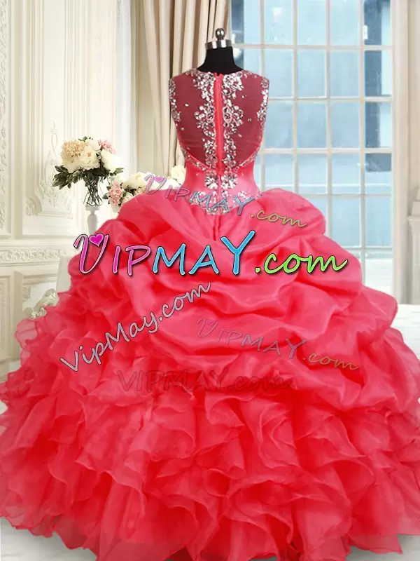 Eye-catching Coral Red Sleeveless Floor Length Beading and Ruffles and Pick Ups Zipper Quinceanera Dresses Straps