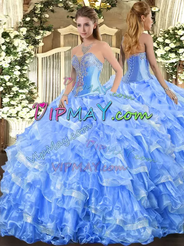 Baby Blue Sleeveless Beading and Ruffled Layers Floor Length Sweet 16 Dress