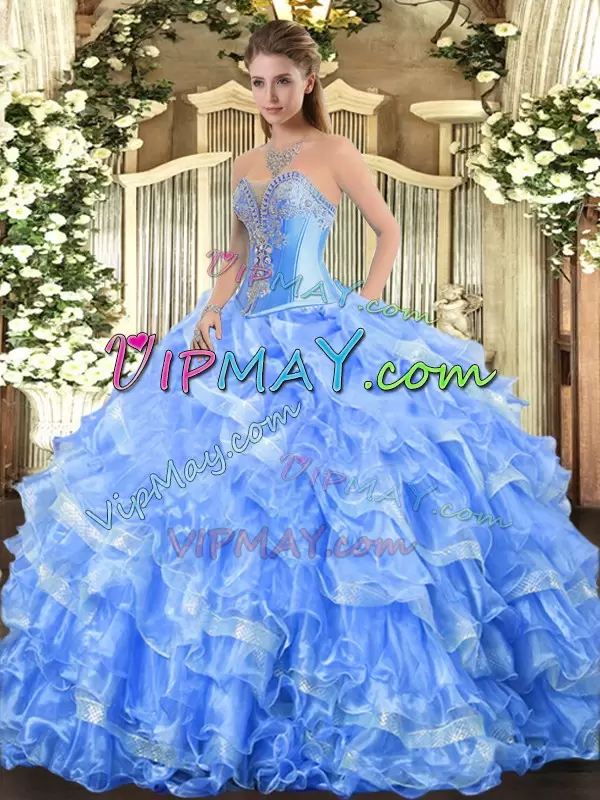 Baby Blue Sleeveless Beading and Ruffled Layers Floor Length Sweet 16 Dress