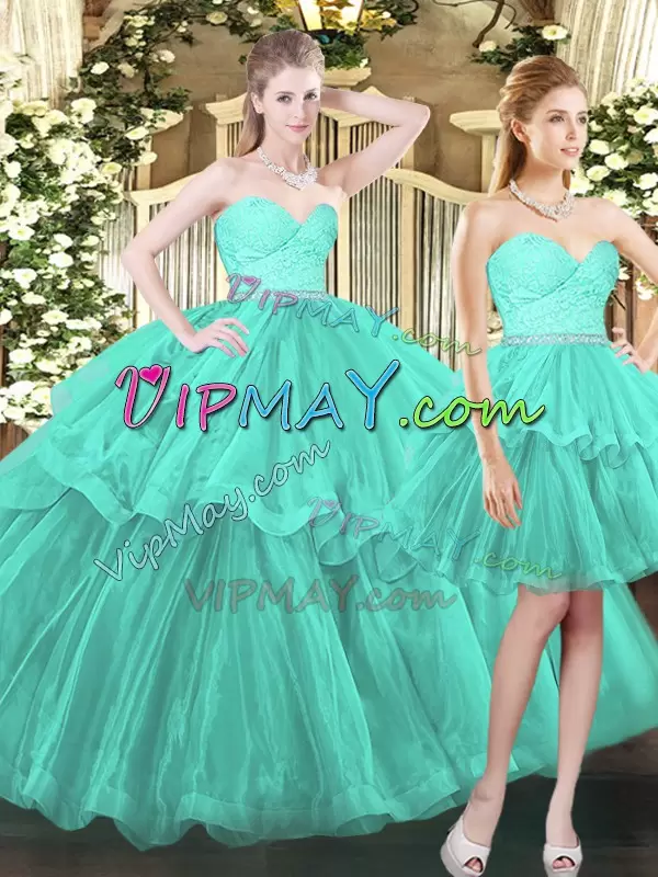 Luxury Ruffled Layers Ball Gown Prom Dress Aqua Blue Lace Up Sleeveless Floor Length