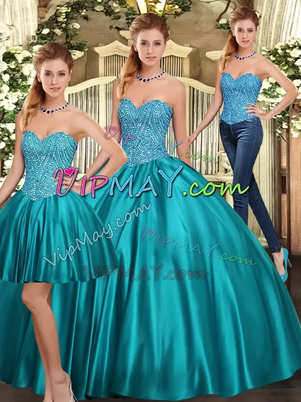 Popular Teal Lace Up Sweet 16 Dress Beading Sleeveless Floor Length