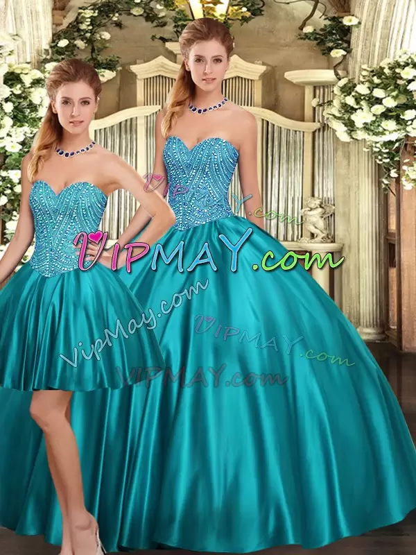 Popular Teal Lace Up Sweet 16 Dress Beading Sleeveless Floor Length