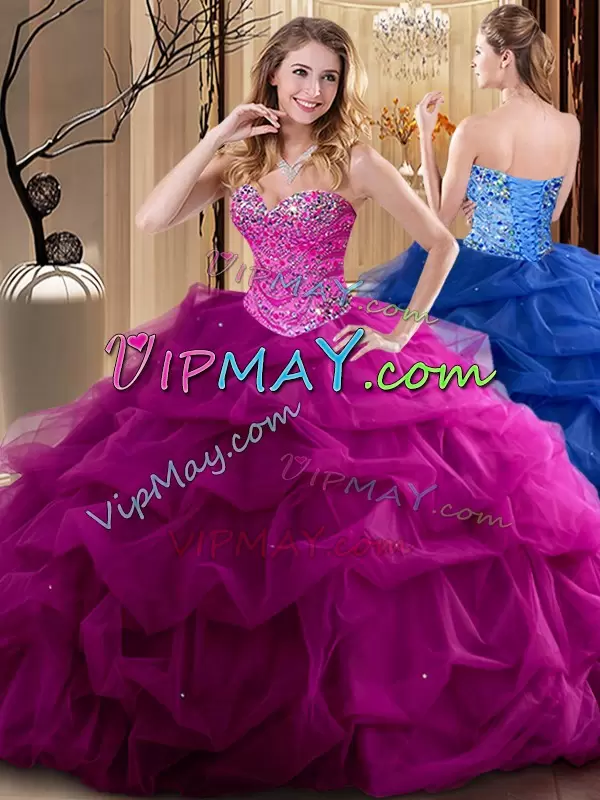 Sweetheart Sleeveless Lace Up Vestidos de Quinceanera Fuchsia Tulle Beading and Ruffles