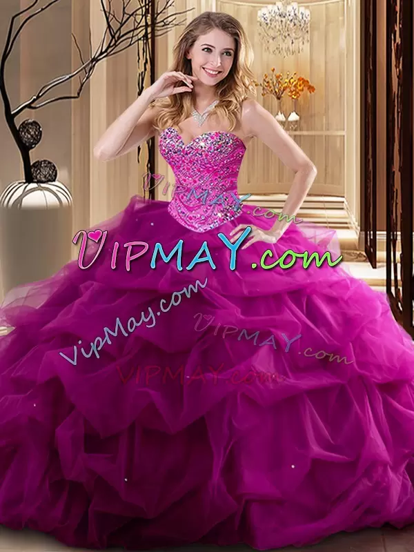 Sweetheart Sleeveless Lace Up Vestidos de Quinceanera Fuchsia Tulle Beading and Ruffles