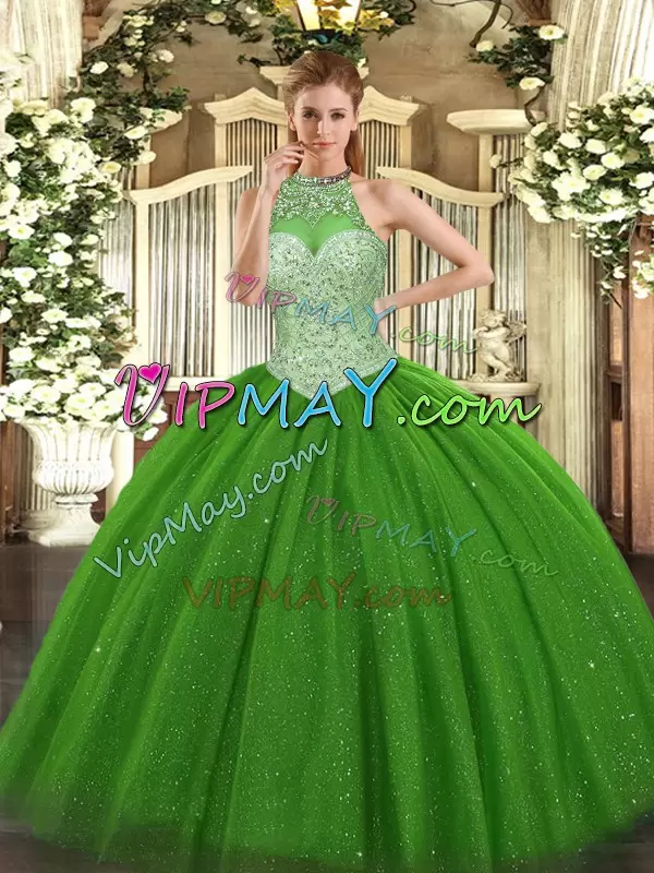 Sleeveless Halter Top Beading Lace Up Quinceanera Dresses