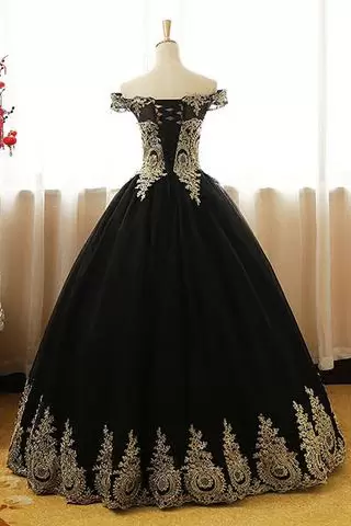 Black 15 Quinceanera Dress Lace Up Short Sleeves with Gold Appliques