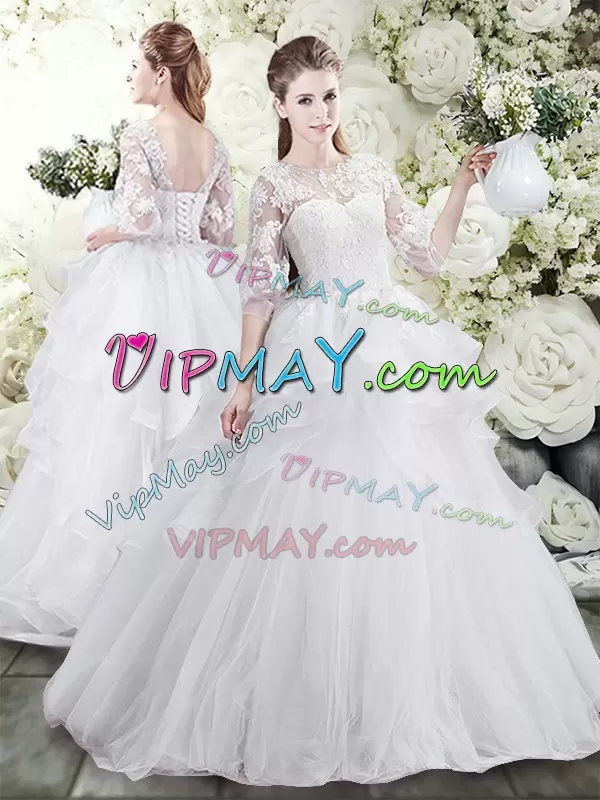 White Vestidos de Quinceanera Wedding Party with Lace and Ruffles Scoop Half Sleeves Sweep Train Lace Up